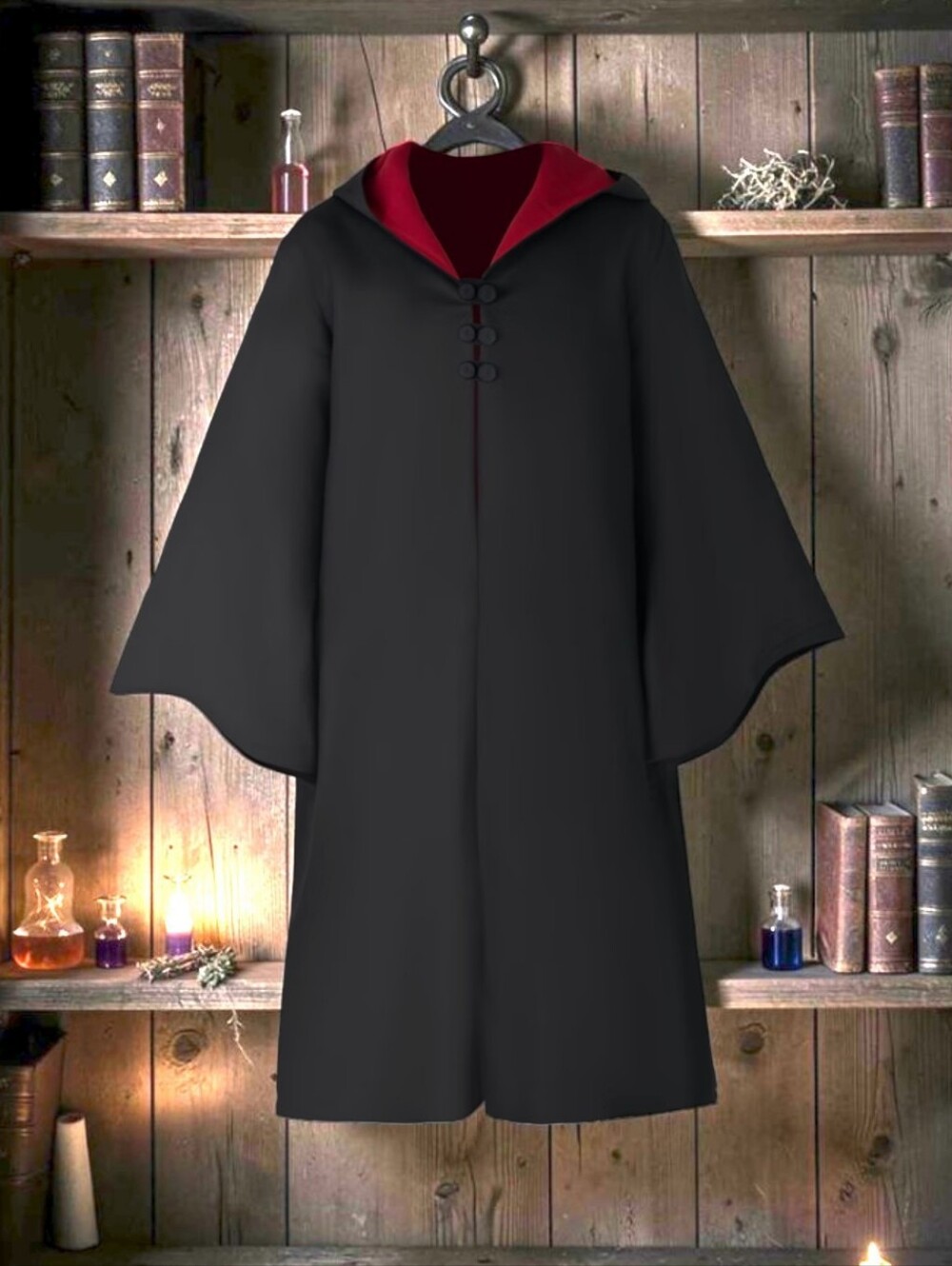 Kids Black and Red Hooded Wizard Cloak, Scarf & Wand